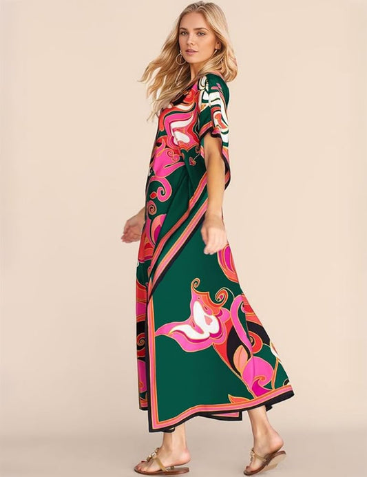 Eddoyee Women Long Print Swimwear Cover Up Sexy V Neck Side Split Beach Caftans Lounge Dresses