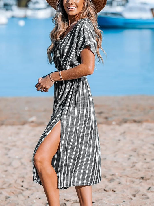 CUPSHE Women Beach Cover Up V Neck Short Sleeve Striped Midi Swimsuit Coverup Dress XS-XXL