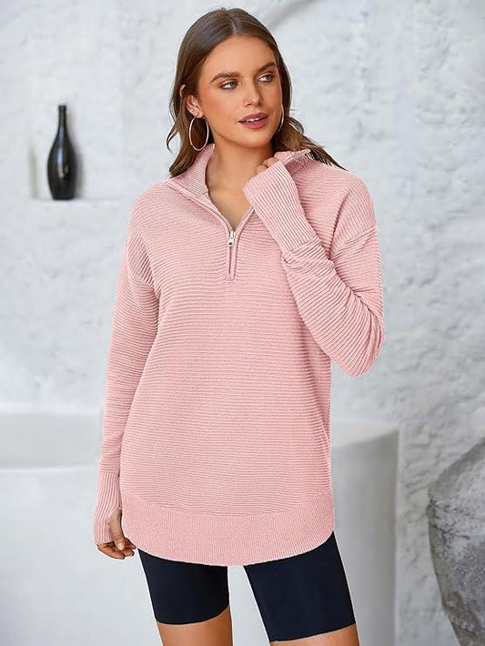 Women's Long Sleeve Quarter Zip Pullover Sweater Casual Loose V Neck Collared Ribbed Knit Jumper Tops Thumb Hole Cozy Ribbed Knit Soft Warm Trendy Colors for Every Season