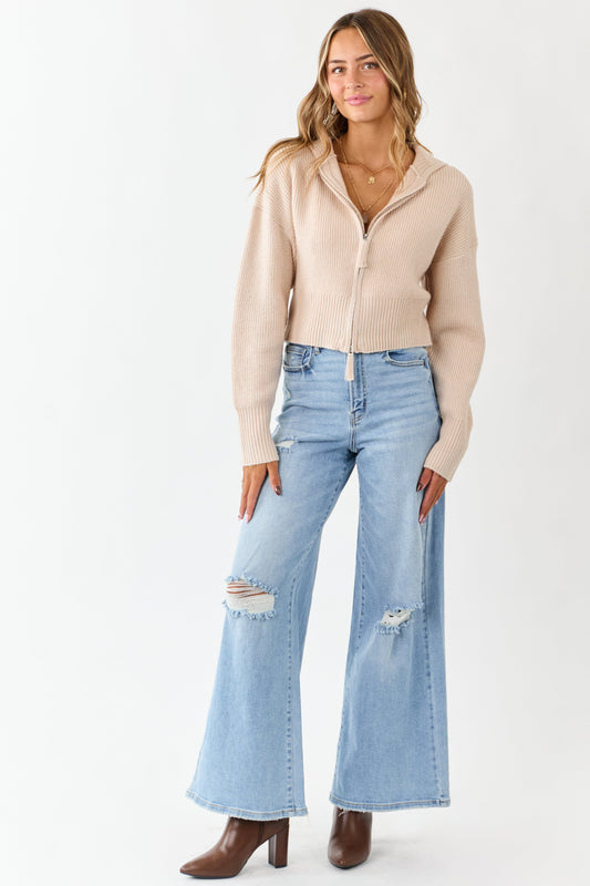 Almond Rib Knit Flat Collar Zip Up Sweater Jacket