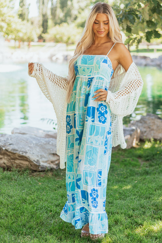 Baby Blue Tropical Print Wide Leg Jumpsuit