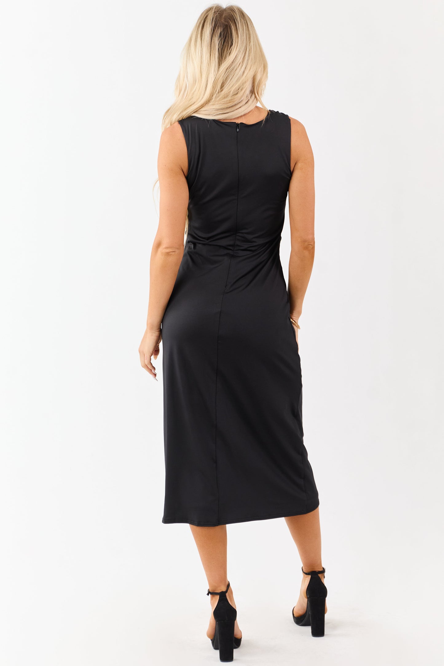 Black Asymmetrical Gold Ring Neck Midi Dress