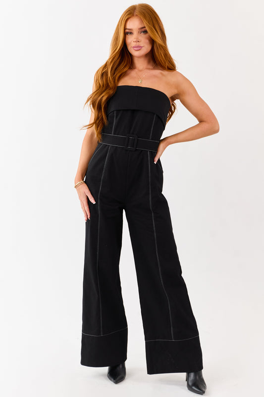 Black Cotton Strapless Contrast Stitching Jumpsuit