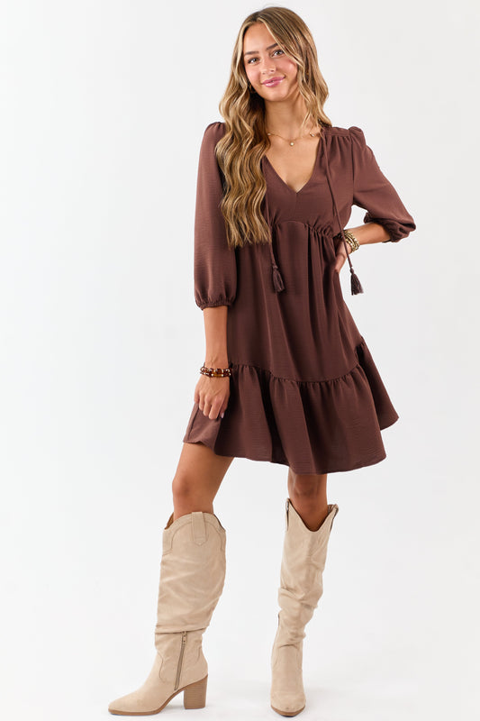 Chocolate Tassel Tie V-Neck Puff Sleeve Mini Dress