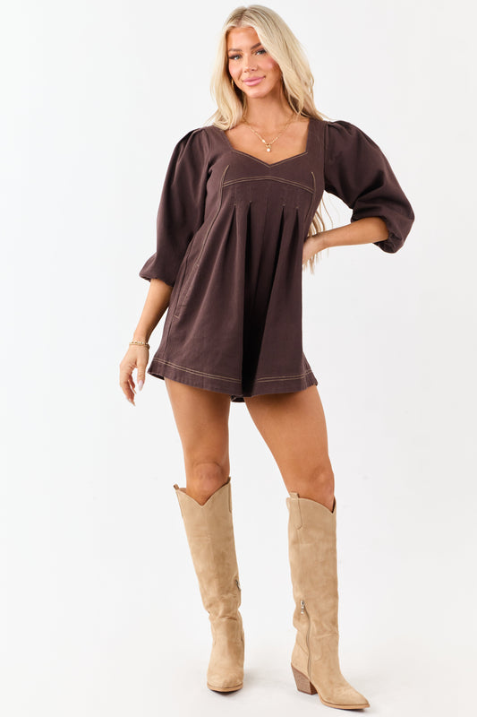Cocoa Puff Sleeve Contrast Stitch Denim Romper