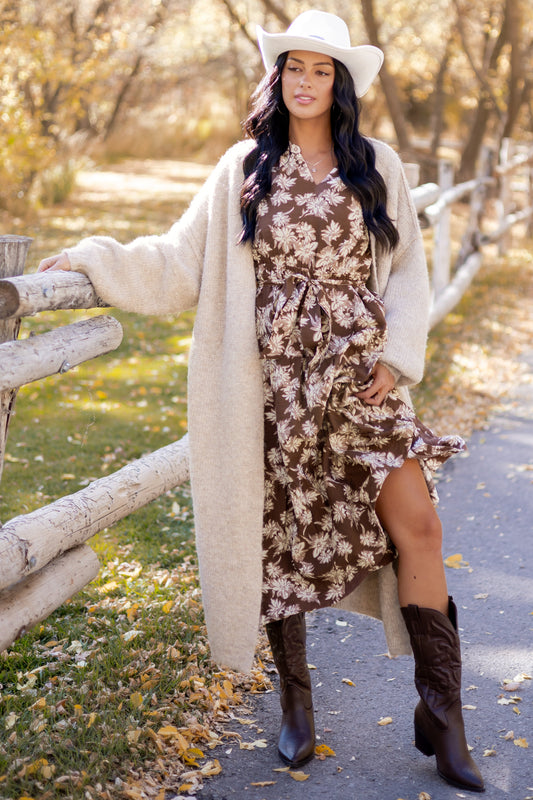 Light Cocoa Floral Waist Tie V-Neck Midi Dress