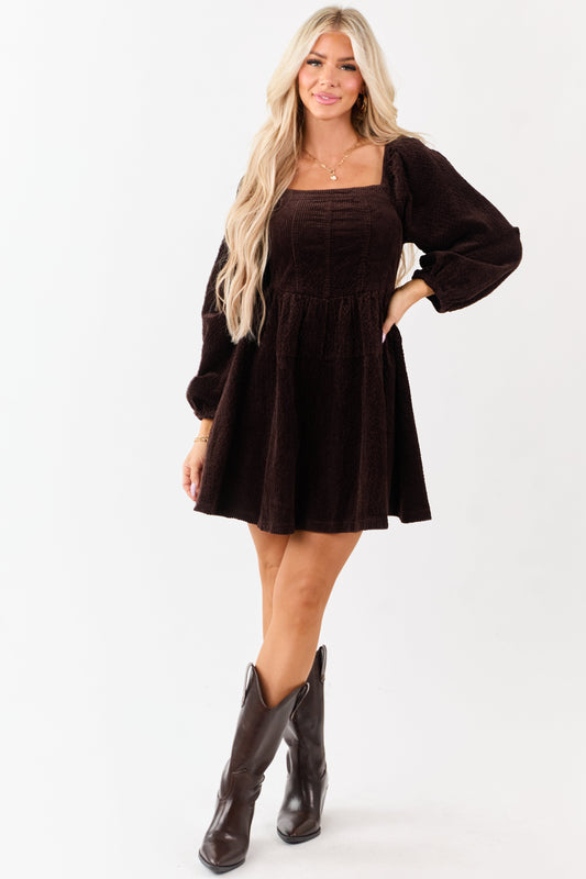 Lovelo Dark Cocoa Corduroy Puff Sleeve Mini Dress