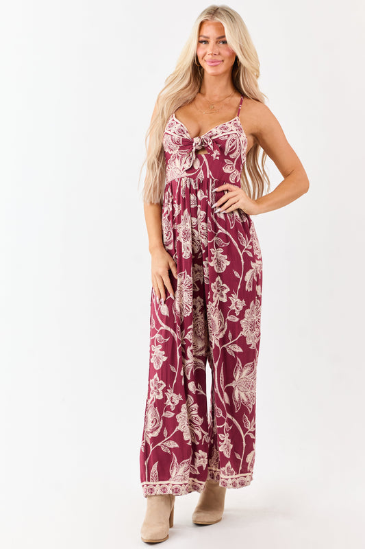 Maroon Floral Print Tie Bust Wide Leg Jumpsuit