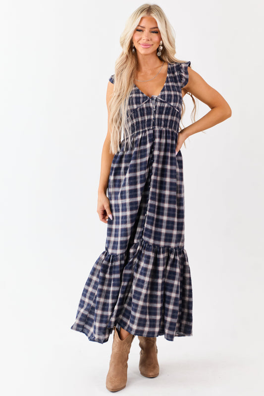 Navy Plaid Button Down Smocked Cotton Midi Dress