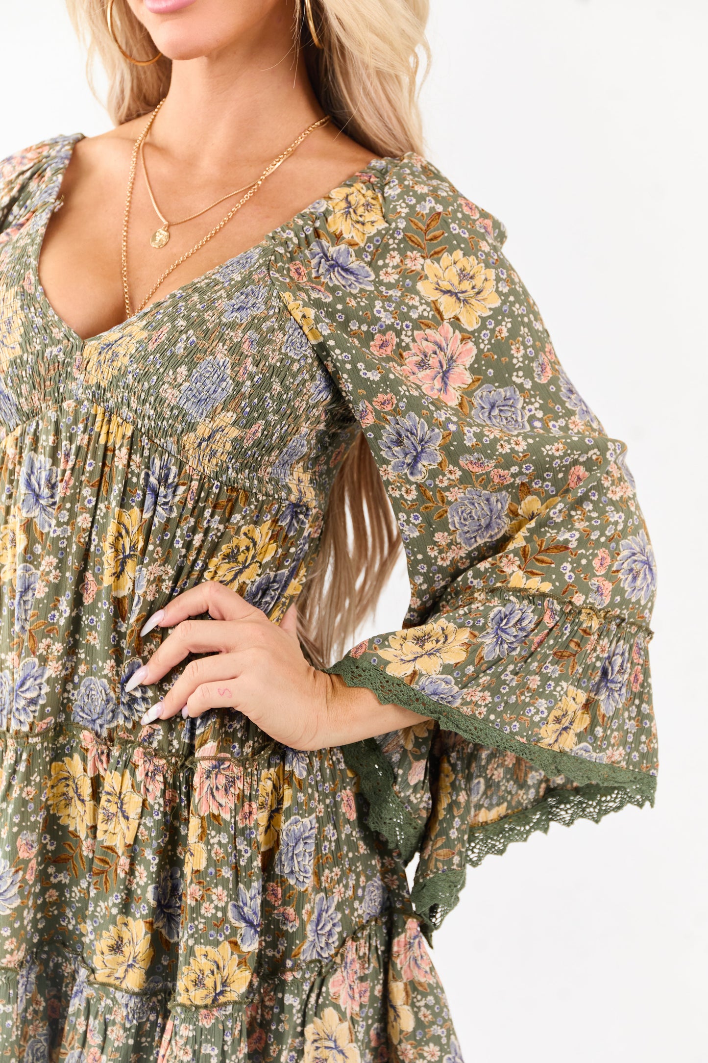 Olive Floral Print Bell Sleeve Babydoll Mini Dress