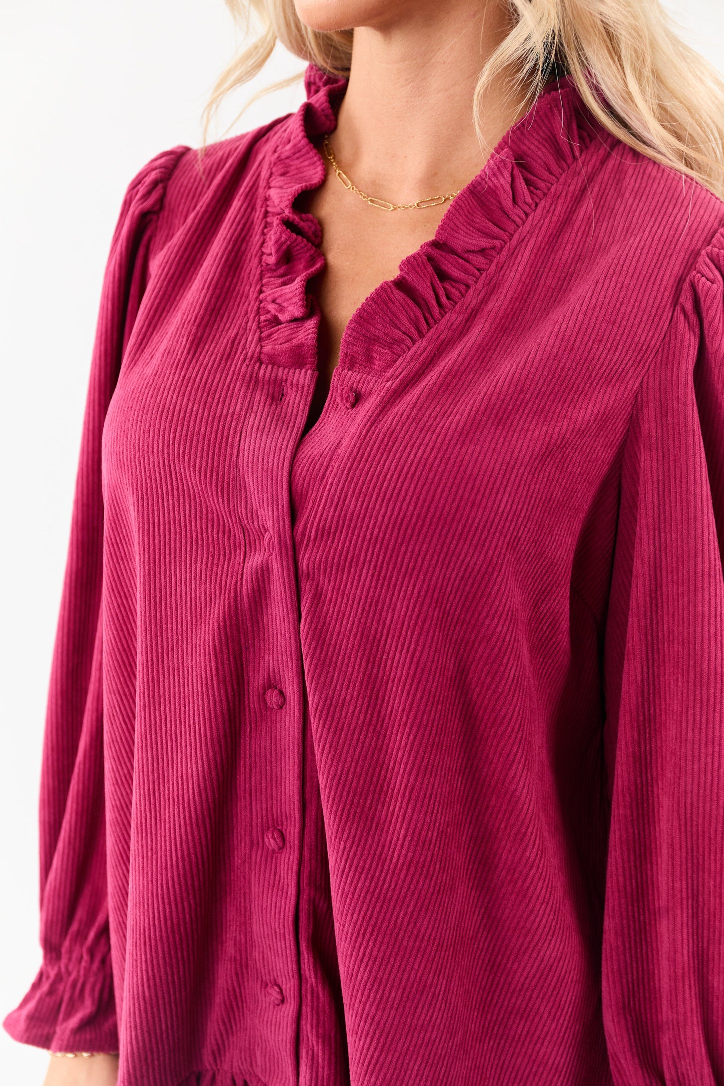 Raspberry Corduroy Button Down Ruffle Mini Dress