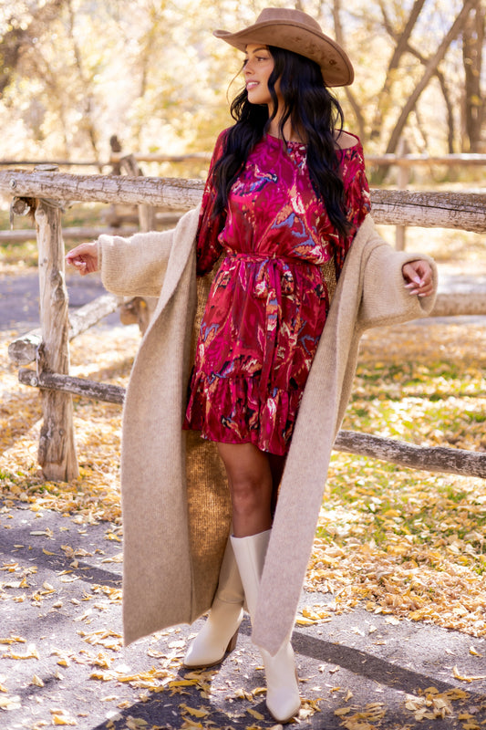 Sangria Abstract Print Waist Tie Flowy Mini Dress