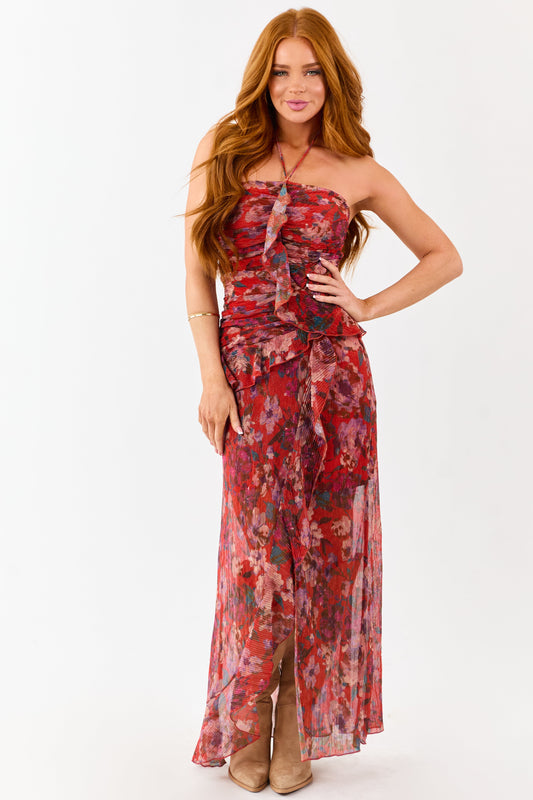 Scarlet Floral Print Ruffle Trim Plisse Maxi Dress
