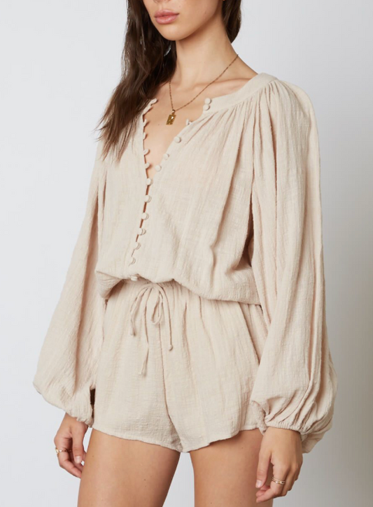 Long Sleeve Button Up Tie Waist Romper