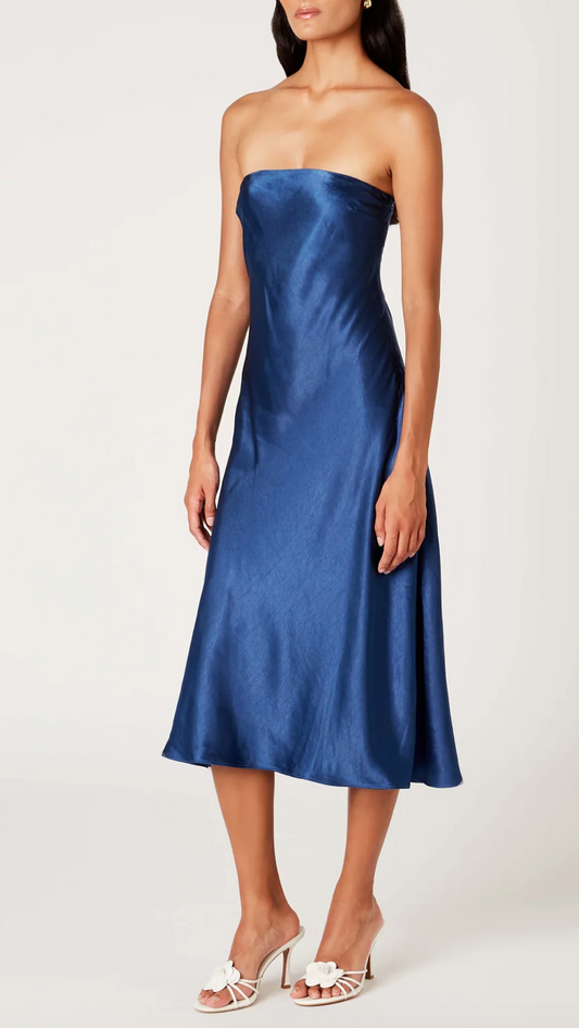 Strapless Satin Midi Dress