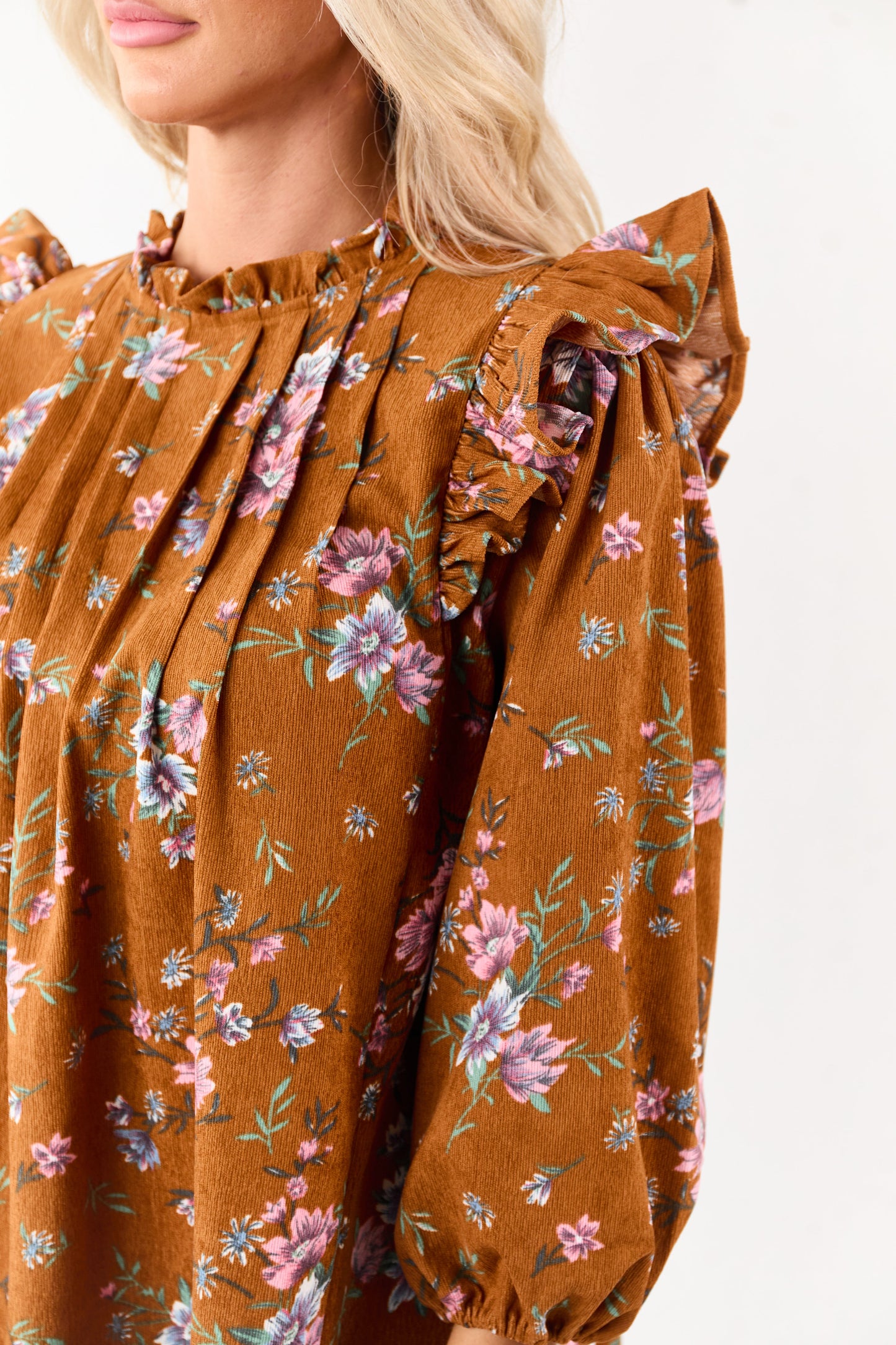 Sedona Floral Corduroy Pintuck Ruffle Mini Dress