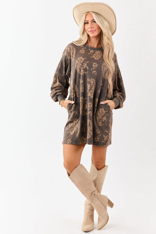 Walnut Vintage Wash Paisley Print Mini Dress