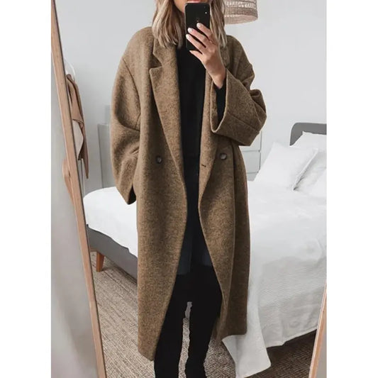 Chouyatou Women's Winter Double-Breasted Long Wool Coat Black Casual Notched Lapel Long Coat for Daily Life & Office Wear