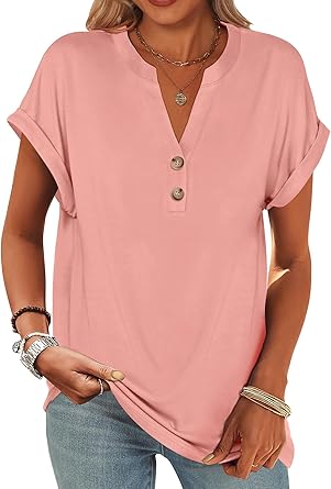 2025 Short Sleeve Henley Tops V Neck Blouses