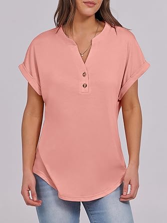 2025 Short Sleeve Henley Tops V Neck Blouses