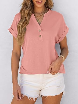 2025 Short Sleeve Henley Tops V Neck Blouses