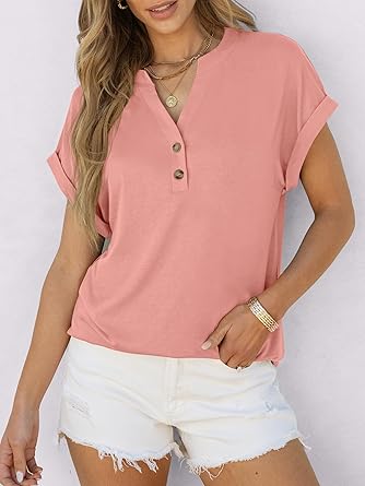 2025 Short Sleeve Henley Tops V Neck Blouses