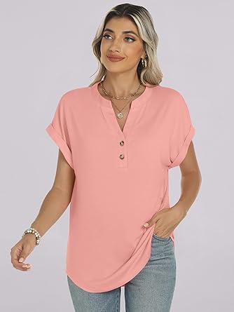2025 Short Sleeve Henley Tops V Neck Blouses