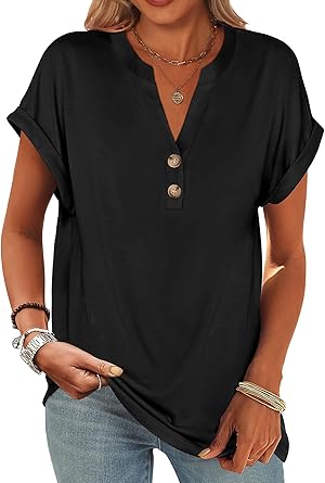 2025 Short Sleeve Henley Tops V Neck Blouses