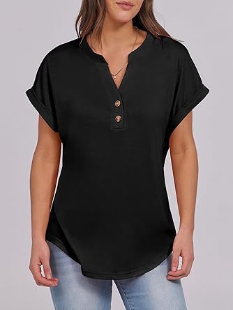 2025 Short Sleeve Henley Tops V Neck Blouses