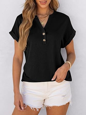 2025 Short Sleeve Henley Tops V Neck Blouses