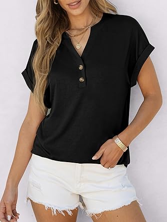 2025 Short Sleeve Henley Tops V Neck Blouses
