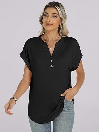 2025 Short Sleeve Henley Tops V Neck Blouses