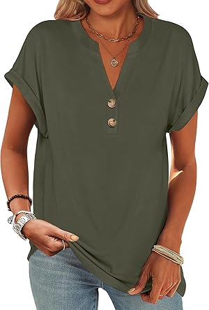 2025 Short Sleeve Henley Tops V Neck Blouses