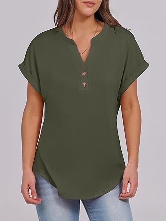 2025 Short Sleeve Henley Tops V Neck Blouses