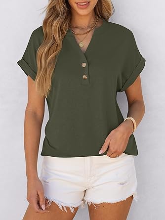 2025 Short Sleeve Henley Tops V Neck Blouses