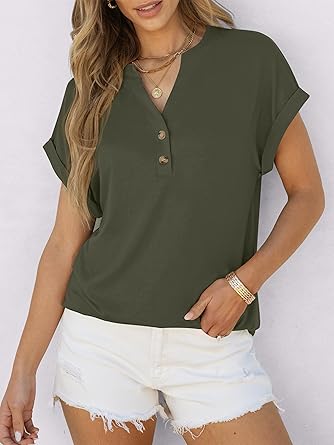 2025 Short Sleeve Henley Tops V Neck Blouses