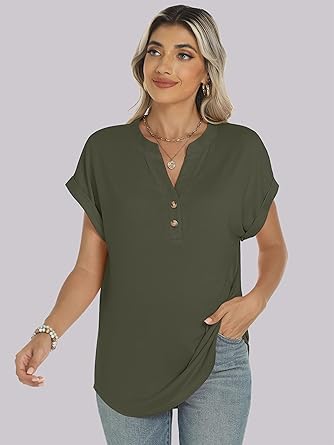 2025 Short Sleeve Henley Tops V Neck Blouses