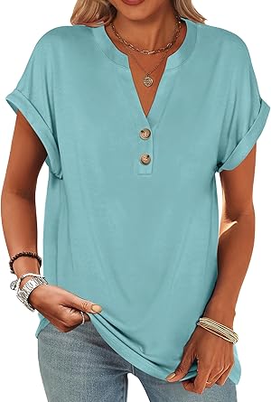 2025 Short Sleeve Henley Tops V Neck Blouses