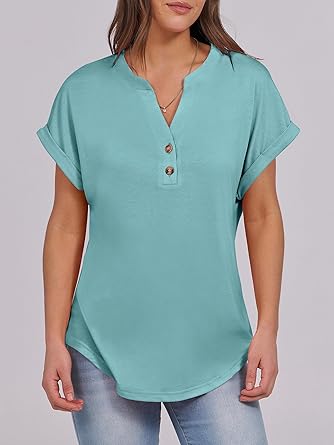 2025 Short Sleeve Henley Tops V Neck Blouses
