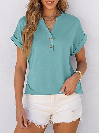 2025 Short Sleeve Henley Tops V Neck Blouses