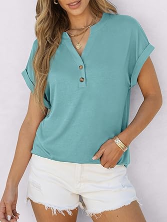 2025 Short Sleeve Henley Tops V Neck Blouses