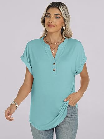 2025 Short Sleeve Henley Tops V Neck Blouses