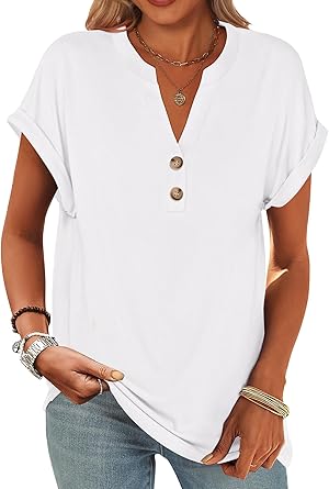 2025 Short Sleeve Henley Tops V Neck Blouses
