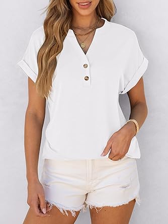 2025 Short Sleeve Henley Tops V Neck Blouses