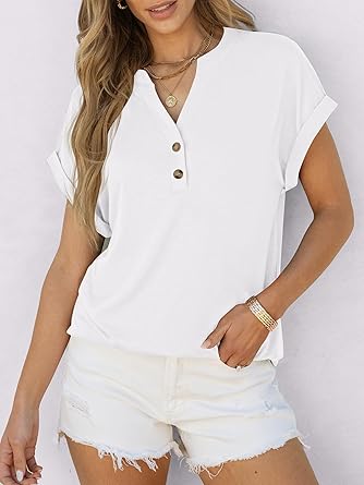2025 Short Sleeve Henley Tops V Neck Blouses