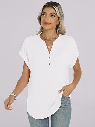 2025 Short Sleeve Henley Tops V Neck Blouses