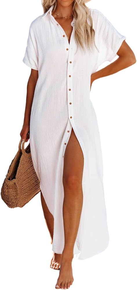 Herseas Womens Casual Short Sleeve Button Down Dress Side Split Long Kimonos Cardigans Swimsuit Cover Ups Beach Dress