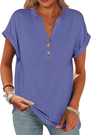 2025 Short Sleeve Henley Tops V Neck Blouses