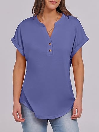 2025 Short Sleeve Henley Tops V Neck Blouses