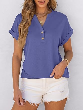 2025 Short Sleeve Henley Tops V Neck Blouses